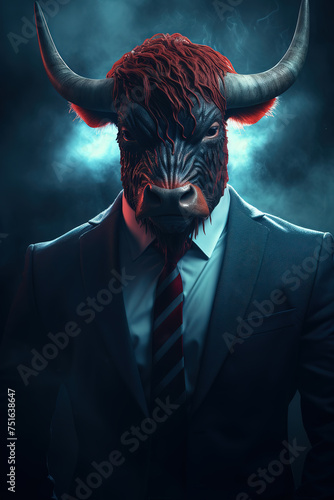 An angry bull with red hair dressed in an office suit and tie © Oleksandr