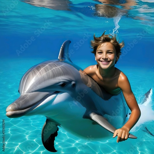 Niño nadando bajo el agua con un delfín