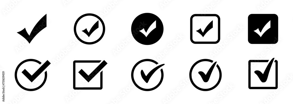 Check marks collection. Check marks different shape. Vector illustration