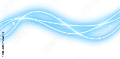 Blue sparkling moving neon light wave on transparent background.