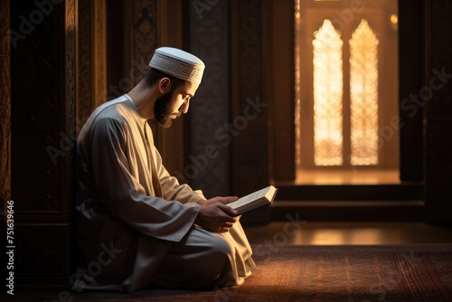 A Muslim guy is seen reading the Quran  Religious Muslim man praying inside the mosque and reading holy book Quran  Ai generated