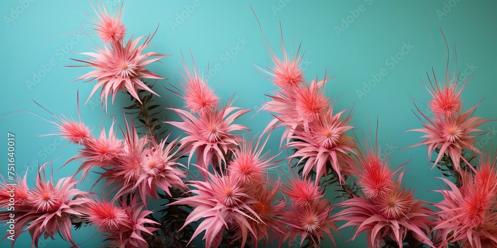 Artistic display of pink plants with spiky features accented against a teal background Artistic display of pink plants with spiky features accented against a teal background