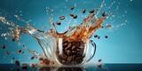 Splash of coffee and beans on blue background