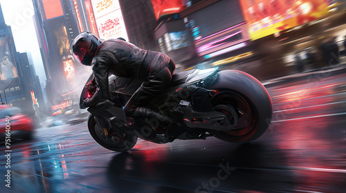 Action shot with man riding a bike in futuristic cyberpunk city. Dynamic scene with motorcycle ride in action movie blockbuster style. © swillklitch