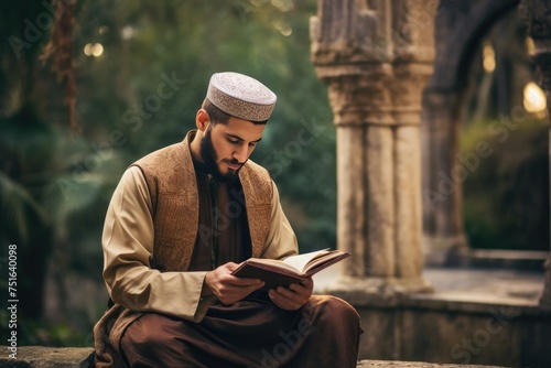 A Muslim guy is seen reading the Quran, Islamic Religious Muslim Man Sitting on a Rug Holding & Reading the Holy Quran, Ai generated