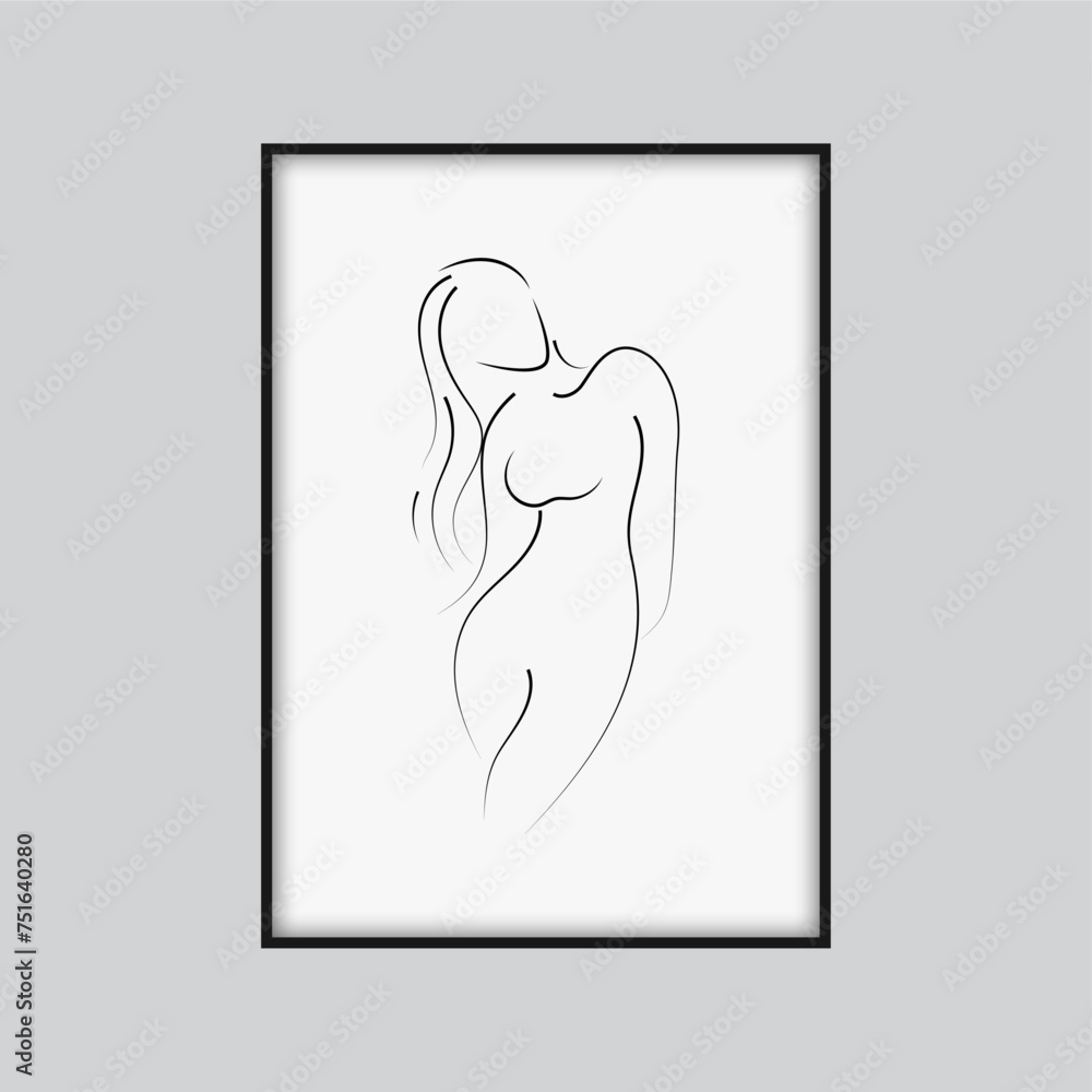 Woman body one line drawing art isolated on white background. Black one-line art. Vector illustration.