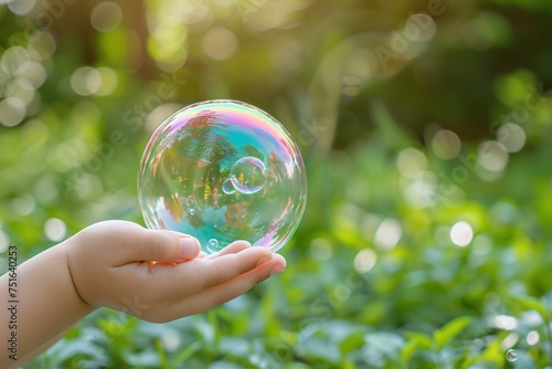A child's hand gently holding a large, colorful soap bubble with a bokeh green background.