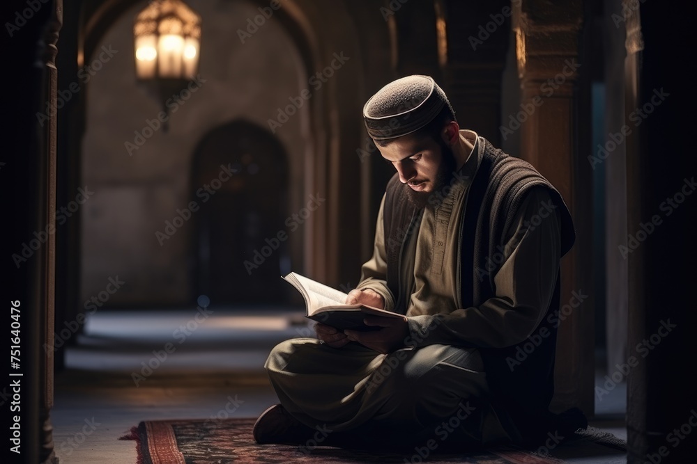 A Muslim guy is seen reading the Quran, Muslim boy reading Quran from the side, Ai generated, Ai generated