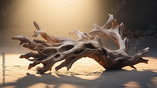 Beautiful winding driftwood for product photography. Grape branch on a table with beautiful sunlight, photo