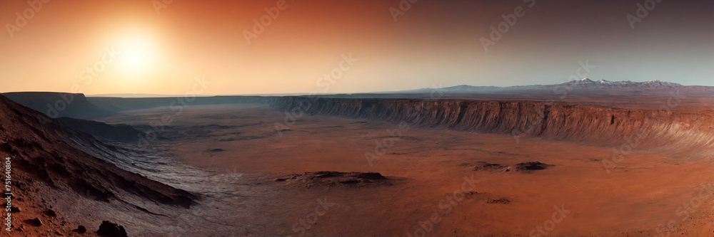 Wide panoramic view of the red planet at sunset