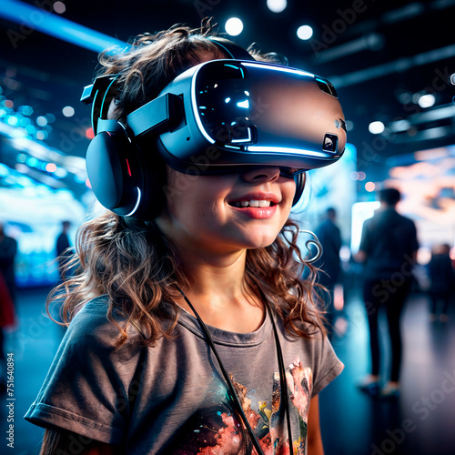 portrait of a young girl using virtual reality headset at exhibition show