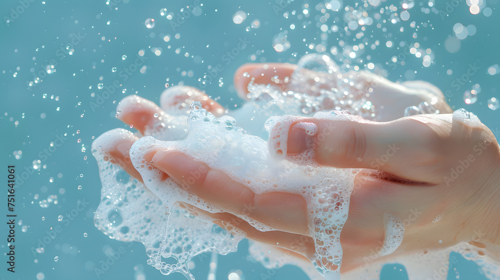 Hands immersed in soap foam on a light blue background. Hands immersed in soap foam on a light blue background.