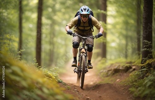 Mountain biker in mid-air on a forest trail
