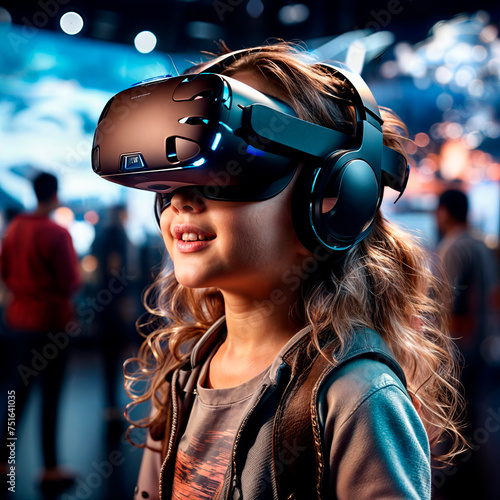 portrait of a young girl using virtual reality headset at exhibition show