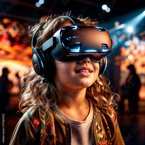 portrait of a young girl using virtual reality headset at exhibition show