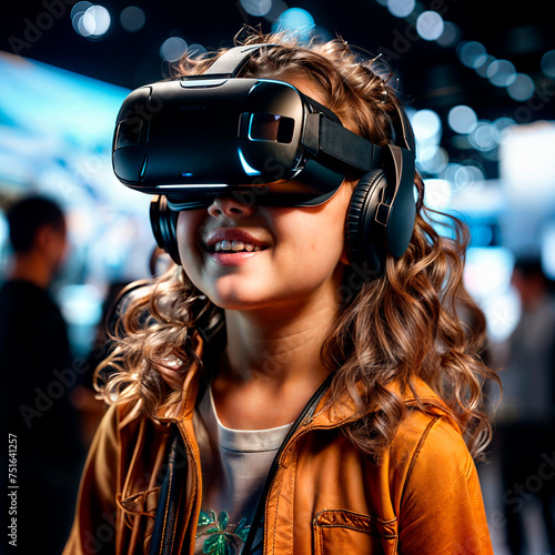portrait of a young girl using virtual reality headset at exhibition show