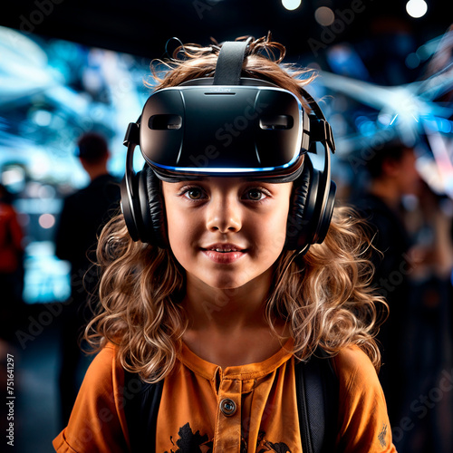 portrait of a young girl using virtual reality headset at exhibition show