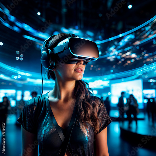 portrait of a woman using virtual reality headset at exhibition show