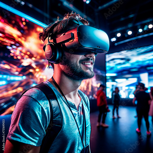 portrait of a man using virtual reality headset at exhibition show