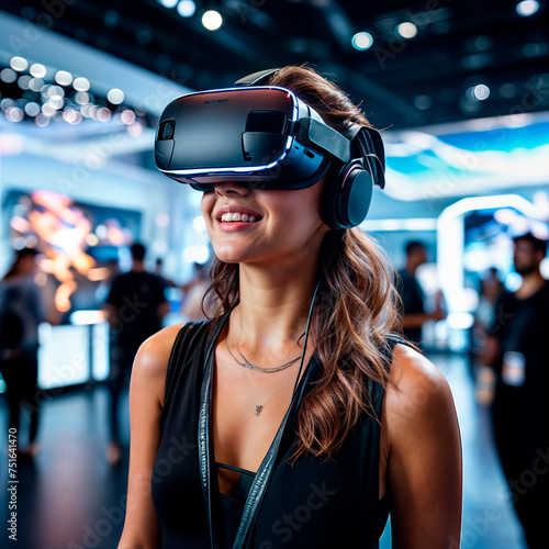 portrait of a woman using virtual reality headset at exhibition show