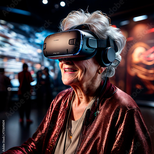 portrait of a old woman using virtual reality headset at exhibition show
