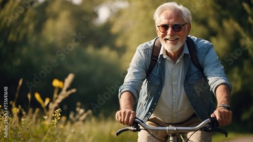 Happy older explores nature by bike on sunny day