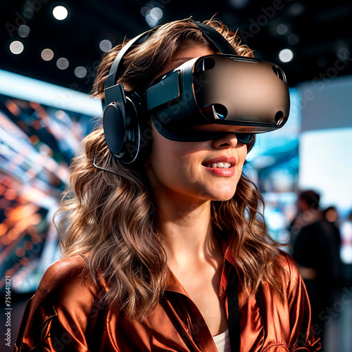 portrait of a woman using virtual reality headset at exhibition show