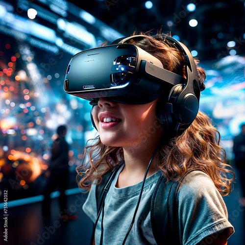 portrait of a young girl using virtual reality headset at exhibition show