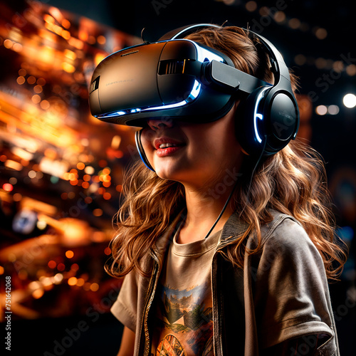 portrait of a young girl using virtual reality headset at exhibition show