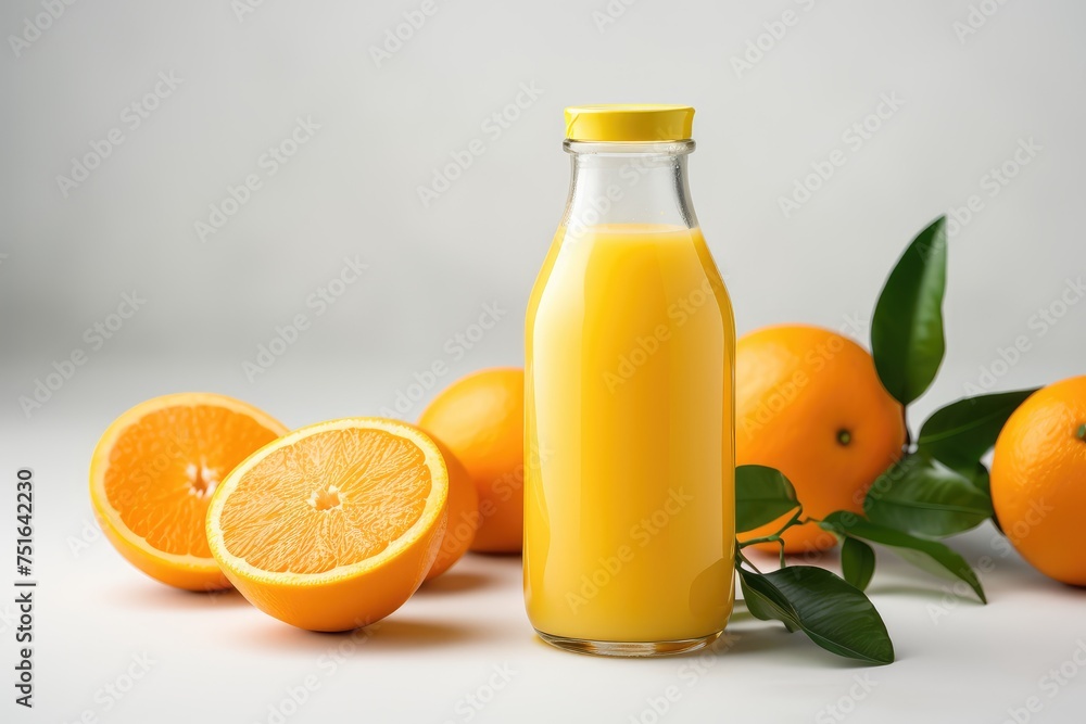 Bottle of fresh orange juice and an orange on a white background isolated Bottle of fresh orange juice and an orange on a white background isolated