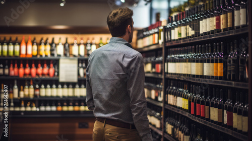 Cropped shot of a beautiful happy woman shopping at the supermarket walking with shopping cart taking wine bottle from shelf copyspace buying consumer consumerism shop store winery alcohol concept