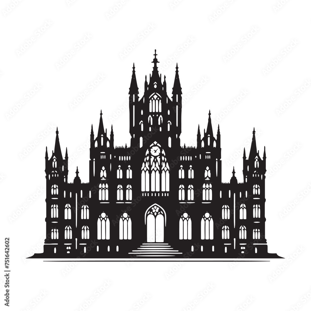 Whispers of the Past: A Gothic Building Silhouette with Ornate Details - Gothic Style Illustration - Gothic Style Vector
