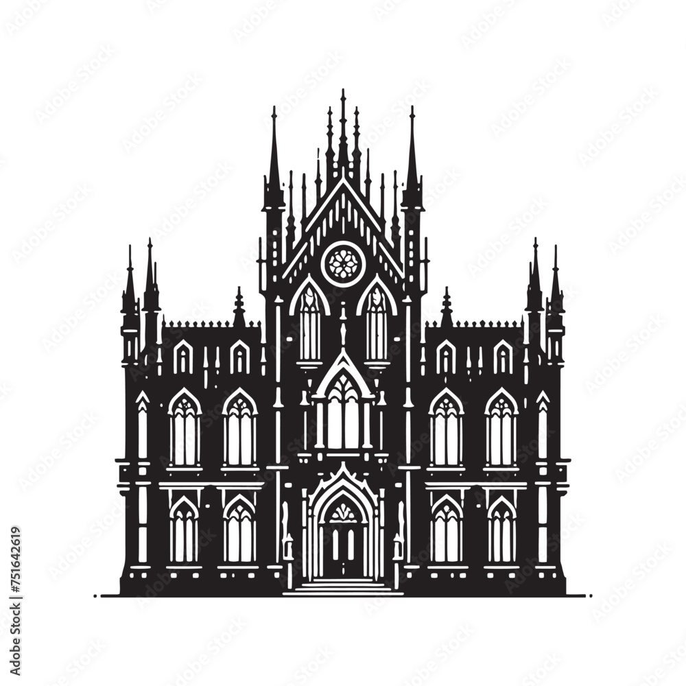 A Legacy in Stone: A Detailed Gothic Building Silhouette - Gothic Style Illustration - Gothic Style Vector
