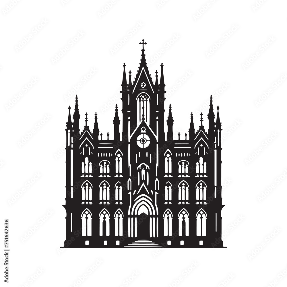 Evoking Mystery: A Gothic Building Silhouette with Soaring Arches - Illustration of Gothic Building - Vector of Gothic Building
