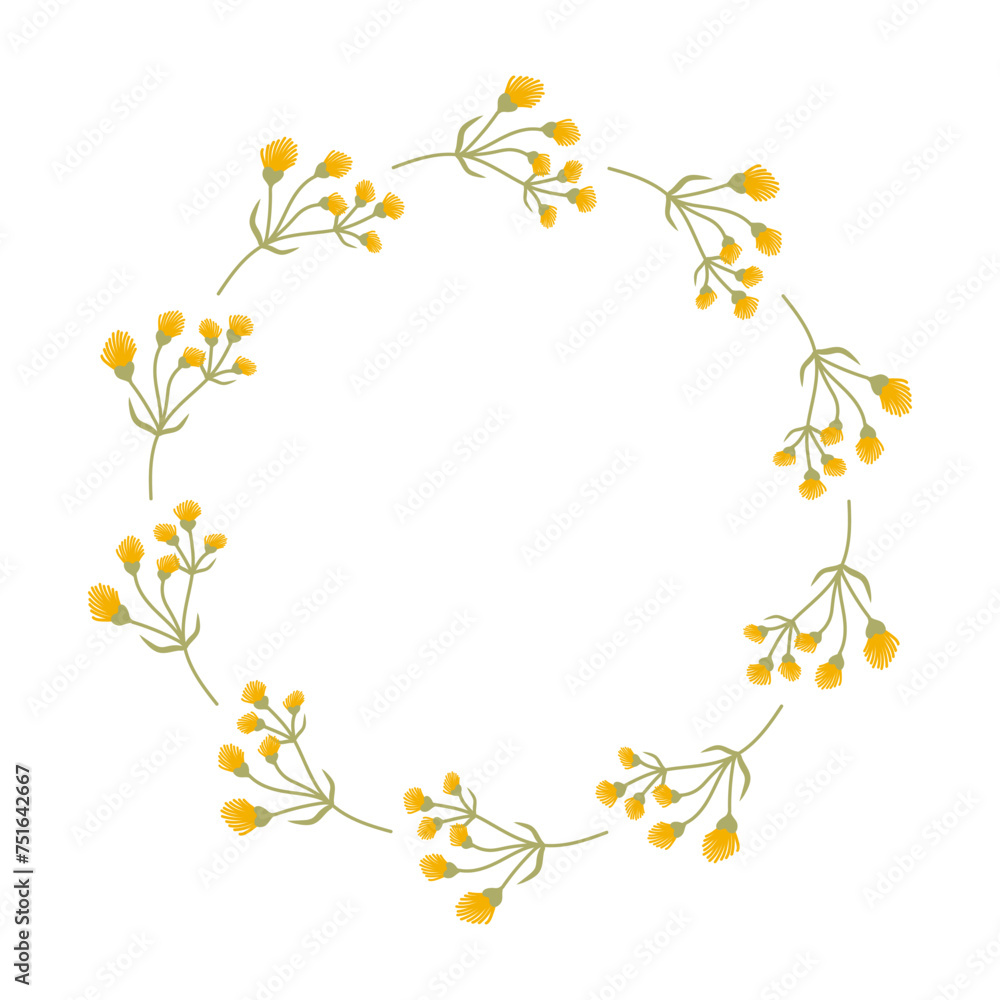 Doodle Floral Wreath made of yellow Flowers in circle. Hand drawn minimalist spring botanical element. Round summer frame or border with place text, quote or logo in flat style Women Mother Day