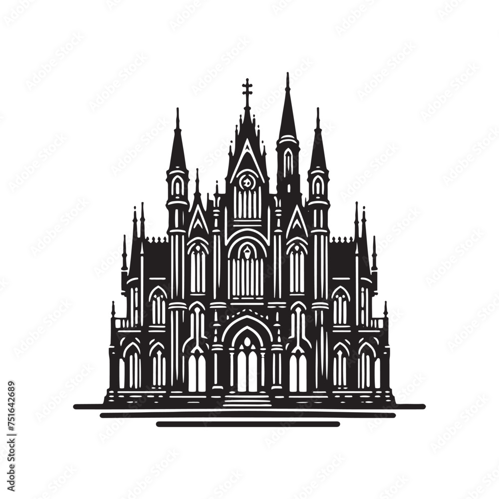 A Timeless Symbol: A Gothic Building Silhouette Bathed in Moonlight - Gothic Style Illustration - Gothic Style Vector
