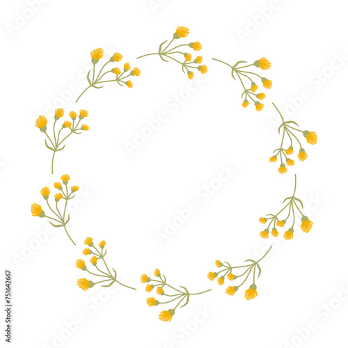 Doodle Floral Wreath made of yellow Flowers in circle. Hand drawn minimalist spring botanical element. Round summer frame or border with place text, quote or logo in flat style Women Mother Day © Zhizhi