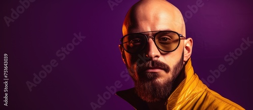 A close-up portrait of a bald man with glasses and a yellow jacket. The man has a stylish and informal look, with a shaved head, beard, and piercings on his lip and ears. The background is dark purple photo
