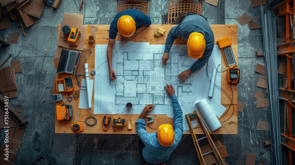 Architects Discussing Over Blueprint at Construction Site, Top view of ...