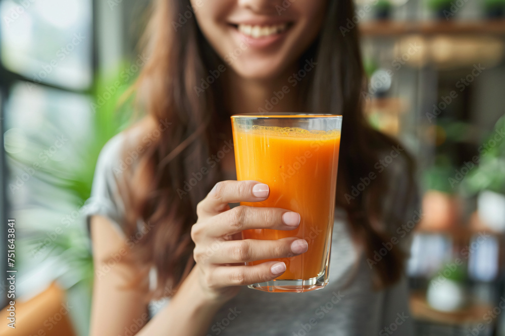 Healthy Lifestyle: Asian Woman Enjoying Orange Detox Juice for Weight Loss. Generative AI. Healthy Lifestyle: Asian Woman Enjoying Orange Detox Juice for Weight Loss. Generative AI.