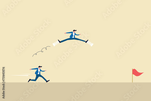 Businessman uses spring to jump in front of his companion. concept of Business competition, winner, and opportunity