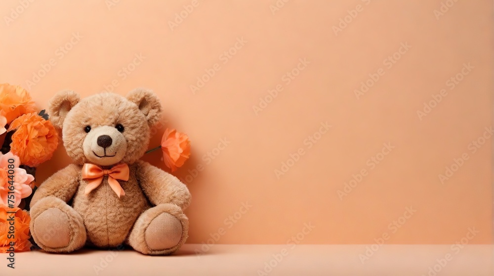 Cute teddy bear and balloons on peach fuzz background, concept of valentines day or birthday cards in trendy 2024 colors, space for text Cute teddy bear and balloons on peach fuzz background, concept of valentines day or birthday cards in trendy 2024 colors, space for text