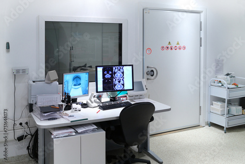 Fototapeta Naklejka Na Ścianę i Meble -  Interior of X-ray control room with all necessary computer equipment