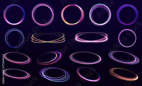 Set of neon blurry light circles at motion . Vector swirl trail effect. Rounded neon line with light effect. Energy flow tunnel. Radiant speed motion design. Magic energy vortex with spark 