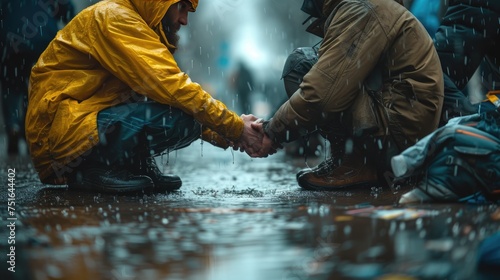 Rainy Urban Compassion, Two men share a handshake on a rain-soaked street, reflecting a moment of camaraderie and mutual support in an urban setting