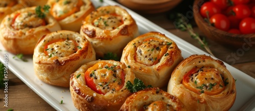 Delicious Assortment of Small Pastries Garnished with Fresh Tomatoes and Herbs on a Plate