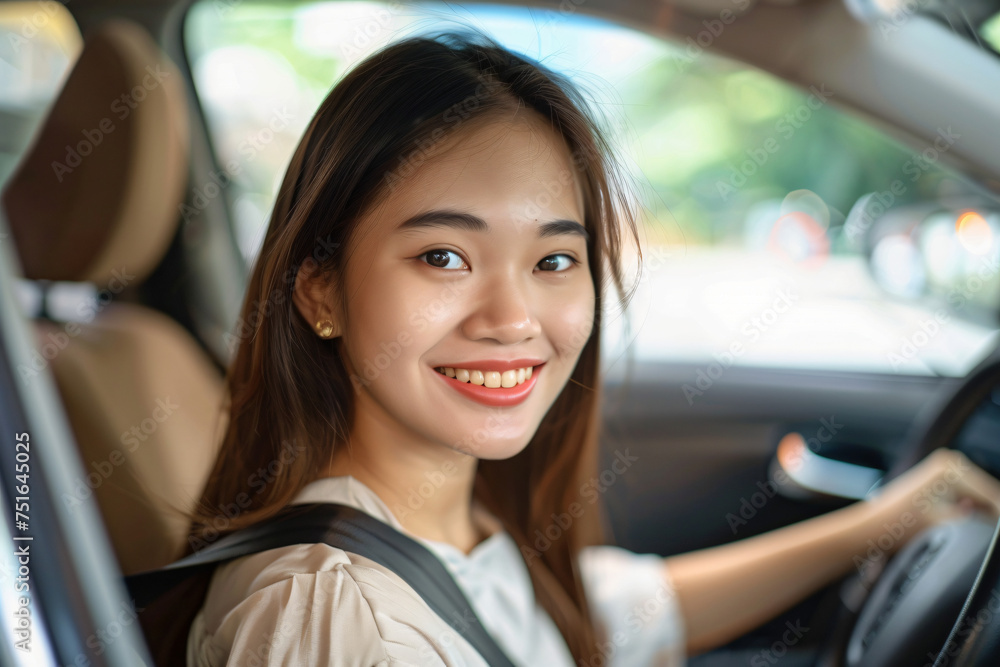 Safe and Joyful Travel: Asian Woman Smiles Behind the Wheel on a Road Trip. Generative AI.