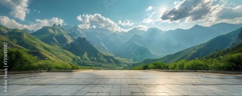 Breathtaking panoramic vista of an empty square and majestic green mountains. Concept Landscape Photography, Mountain Scenery, Empty Square, Panoramic View