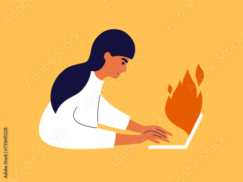 Deadline work vector illustration. Woman sitting working on laptop doing urgent burning task. Fire flame shoot out of screen. Burnout office employee, job stress. Female person hurrying end project 