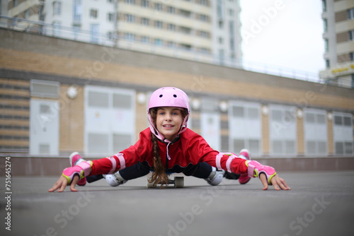 Girl in pink helmet lies on her stomach on the skateboard